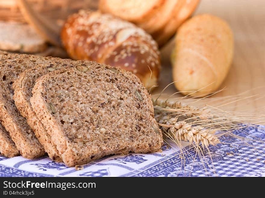 Various bread and pastry on the table