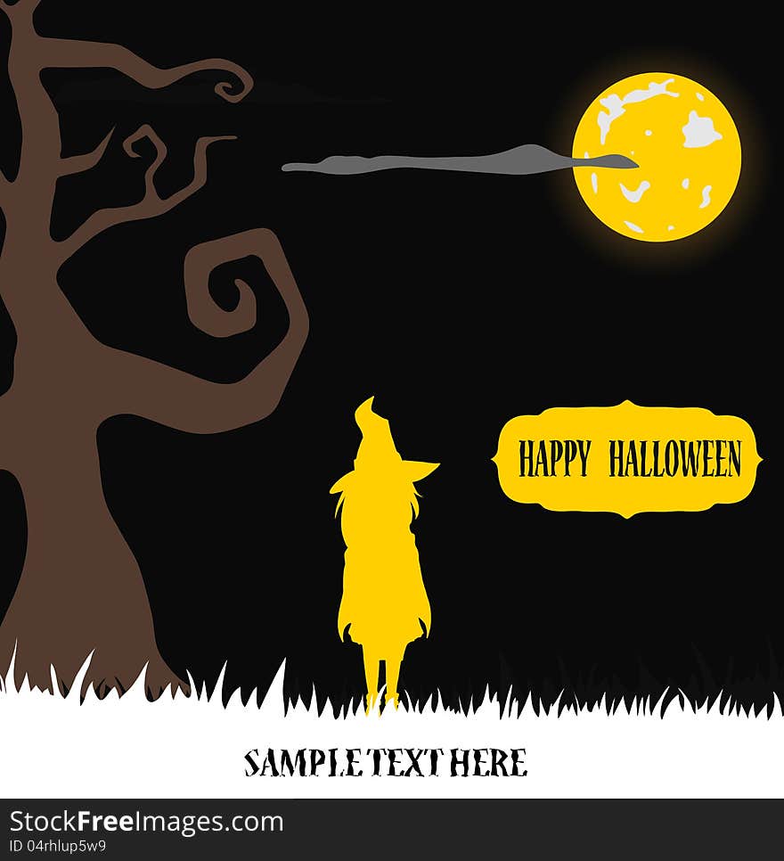 Halloween witch standing in moon light on grass. Halloween witch standing in moon light on grass