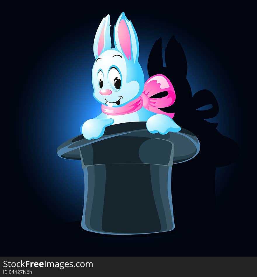 Rabbit with bow in a hat on dark background. Rabbit with bow in a hat on dark background