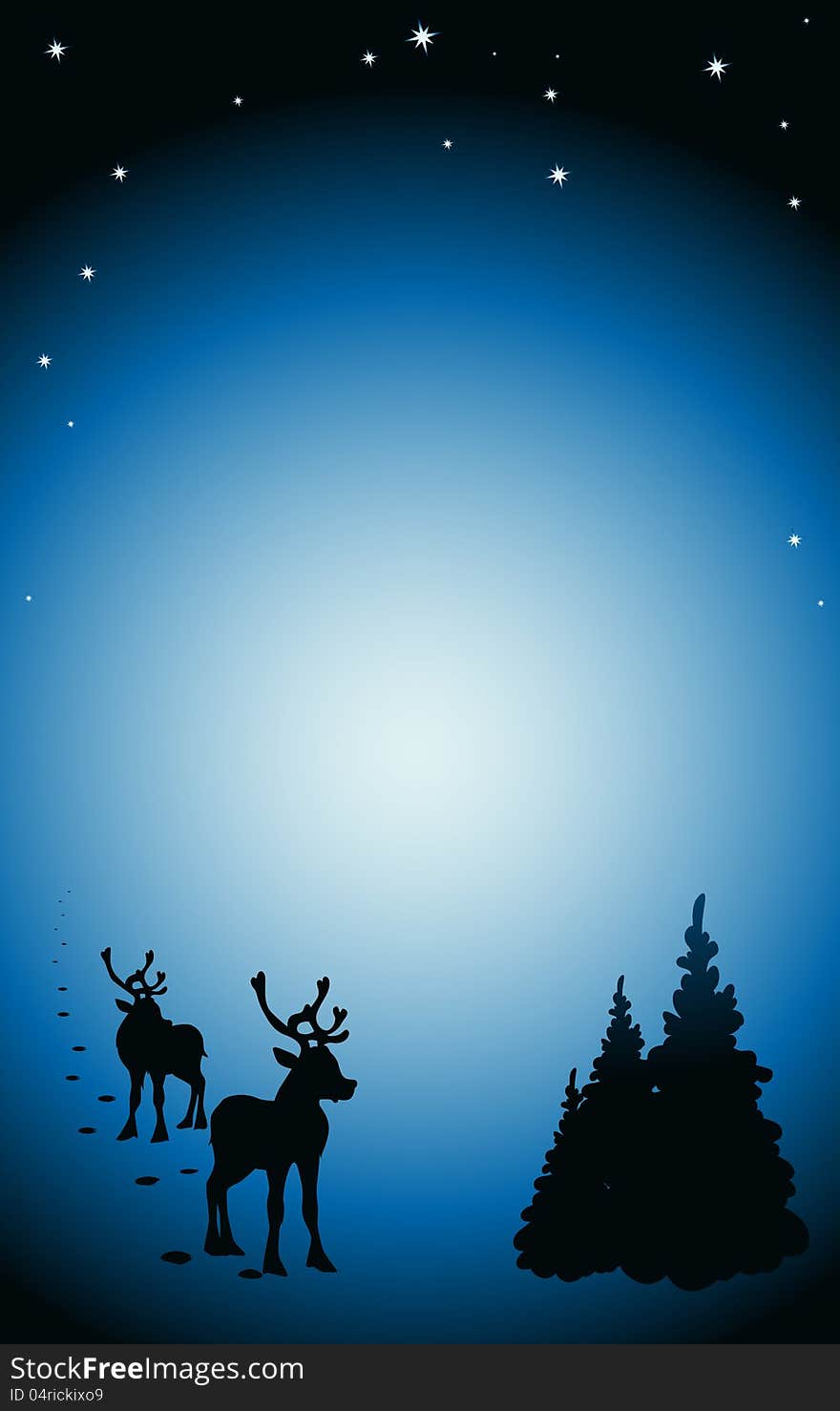 With reindeer silhouette, tree, snow, stars and snowflakes. With reindeer silhouette, tree, snow, stars and snowflakes