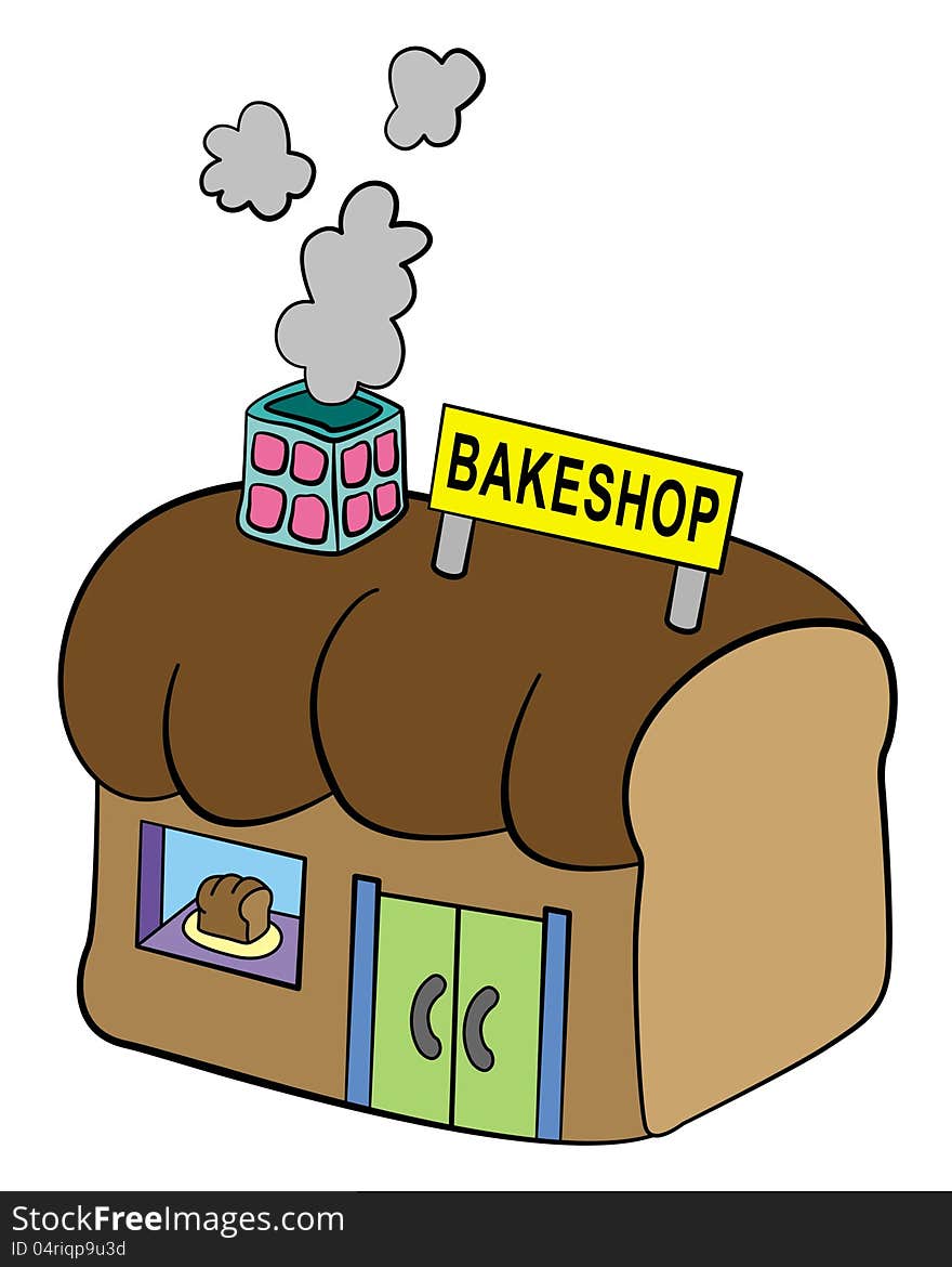 A humorous illustration of a bakeshop which has a shape of a bread. A humorous illustration of a bakeshop which has a shape of a bread