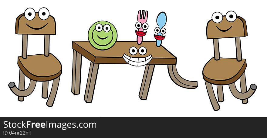 A group composed of a plate, spoon, fork, table, and two chairs, with smiling faces. A group composed of a plate, spoon, fork, table, and two chairs, with smiling faces