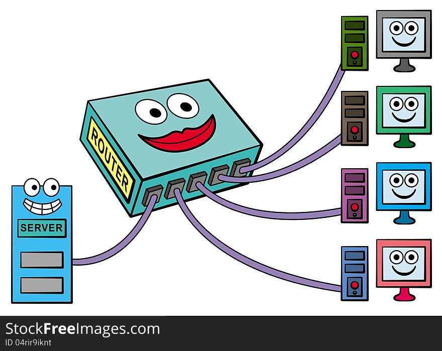 A humorous illustration of a network router attached to a server and four computers