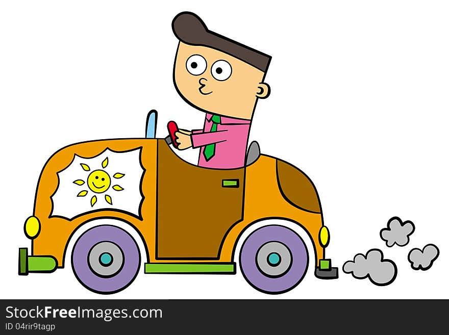 A funny illustration of a cartoon character driving a car with the sun in it. A funny illustration of a cartoon character driving a car with the sun in it