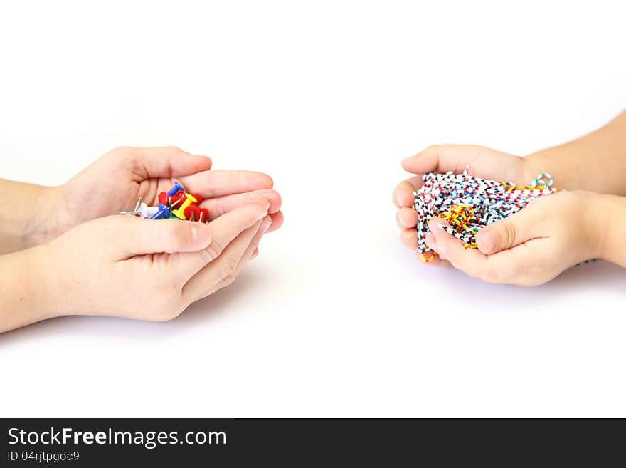 Hand with buttons and paper clips. Hand with buttons and paper clips