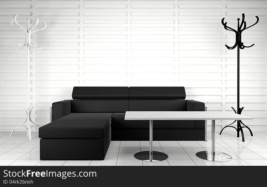 3d interior architecture.Modern sofa and table in black and white toned. 3d interior architecture.Modern sofa and table in black and white toned.