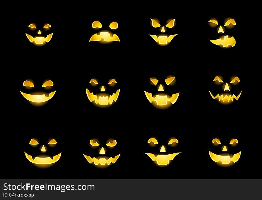 Jack-o-lantern pumpkin faces glowing on black. Jack-o-lantern pumpkin faces glowing on black