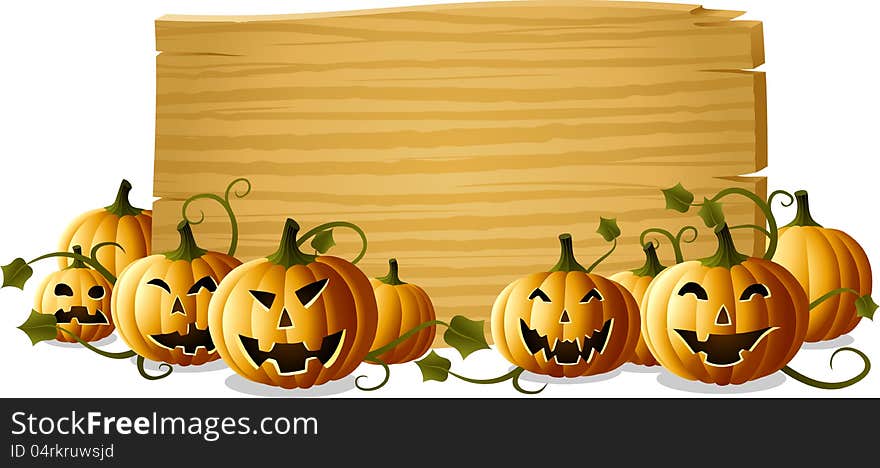 Jack-o-lanterns with wooden blank sign. Jack-o-lanterns with wooden blank sign