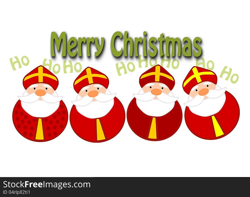 Funny christmas illustration - four happy santa clauses.