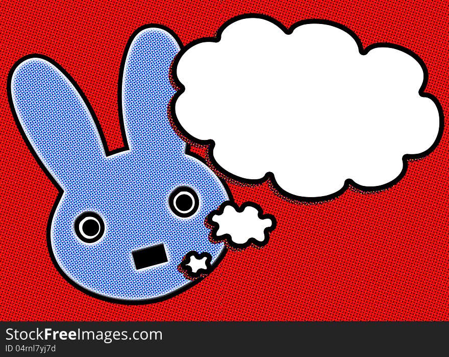 Blue rabbit on red background with a talk bubble