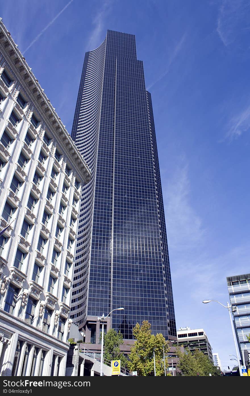 Old and modern architectures showing big contrast in downtown Seattle.