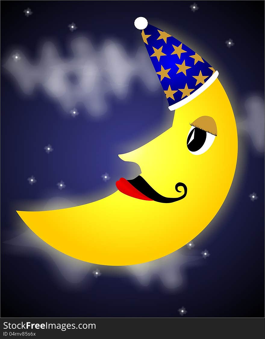 Cute Mr. Moon clip-art hanging in starry night sky.