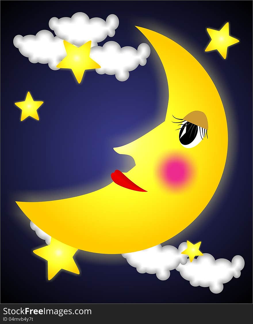 Cute illustration of Miss. moon hanging on starry night sky. Cute illustration of Miss. moon hanging on starry night sky