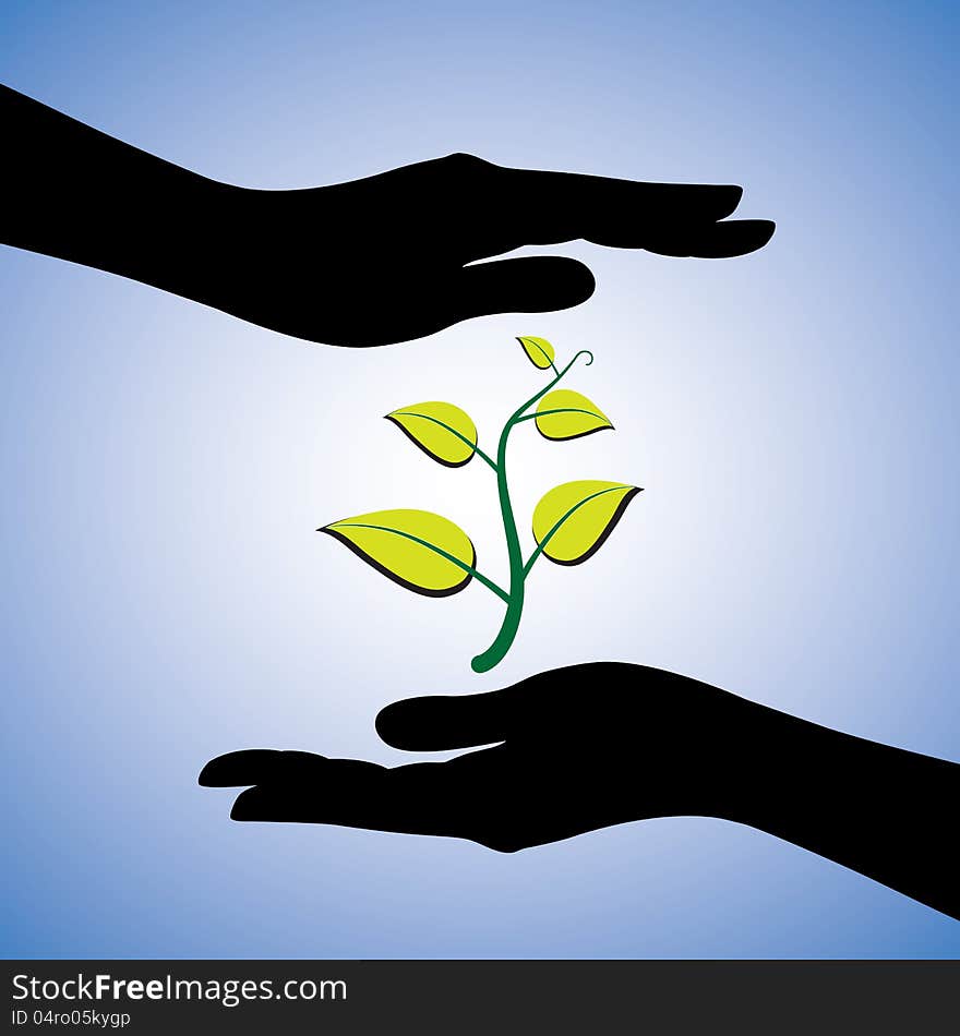 Concept illustration of saving the nature. This graphic uses female hand silhouettes and a plant to represent the concept of protecting ecology and environment with blue background. Concept illustration of saving the nature. This graphic uses female hand silhouettes and a plant to represent the concept of protecting ecology and environment with blue background