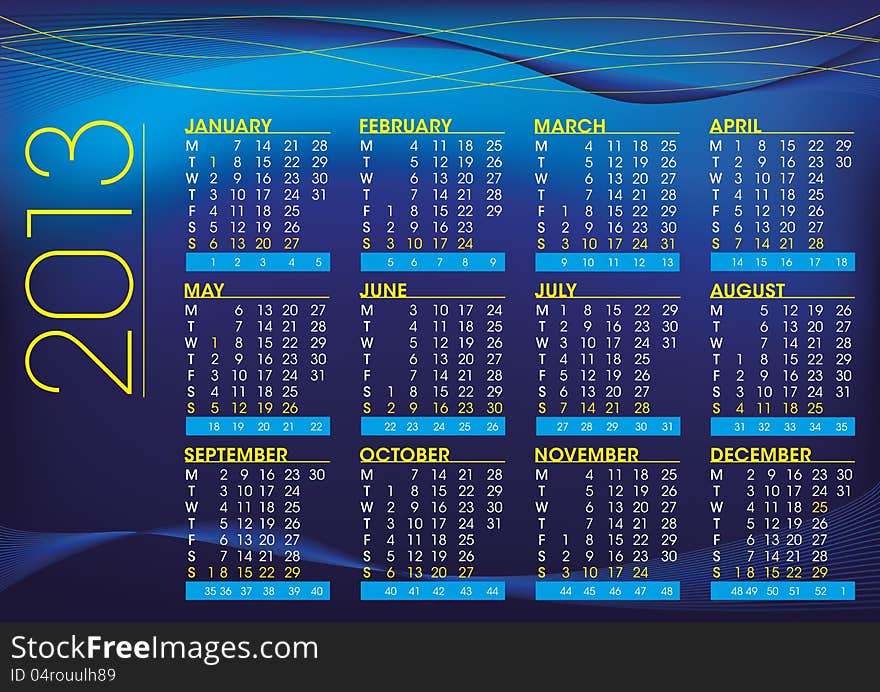 2013 calendar in english night mood, horizontal format