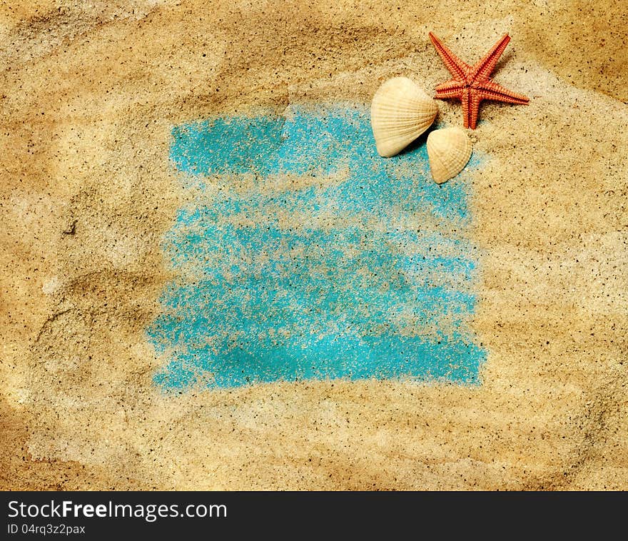 Holiday concept, seashell in sand