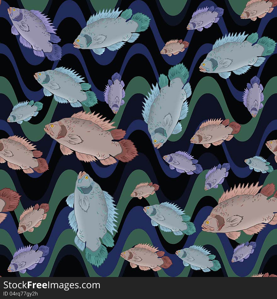 Vector illustration of fish and waves seamless pattern. Vector illustration of fish and waves seamless pattern