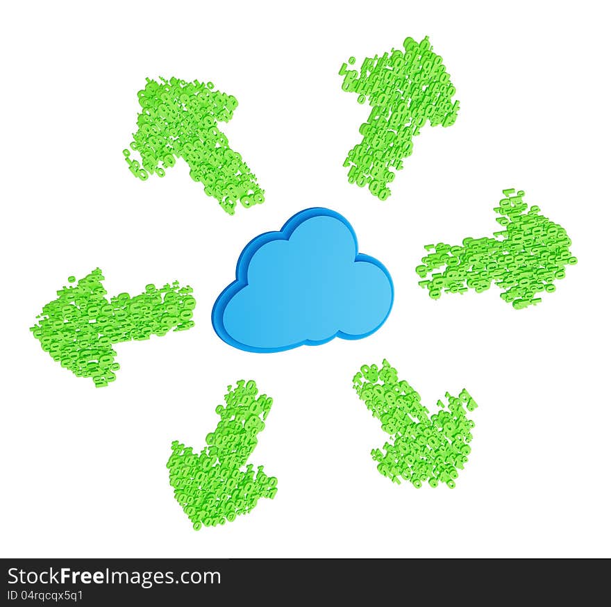 Green download arrows made from numbers around blue cloud on a white background