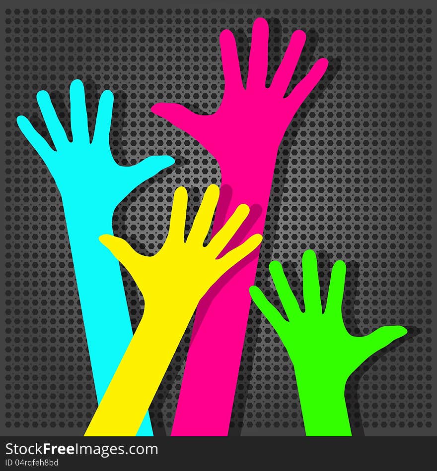 Happy colorful hands on the metallic background. Happy colorful hands on the metallic background