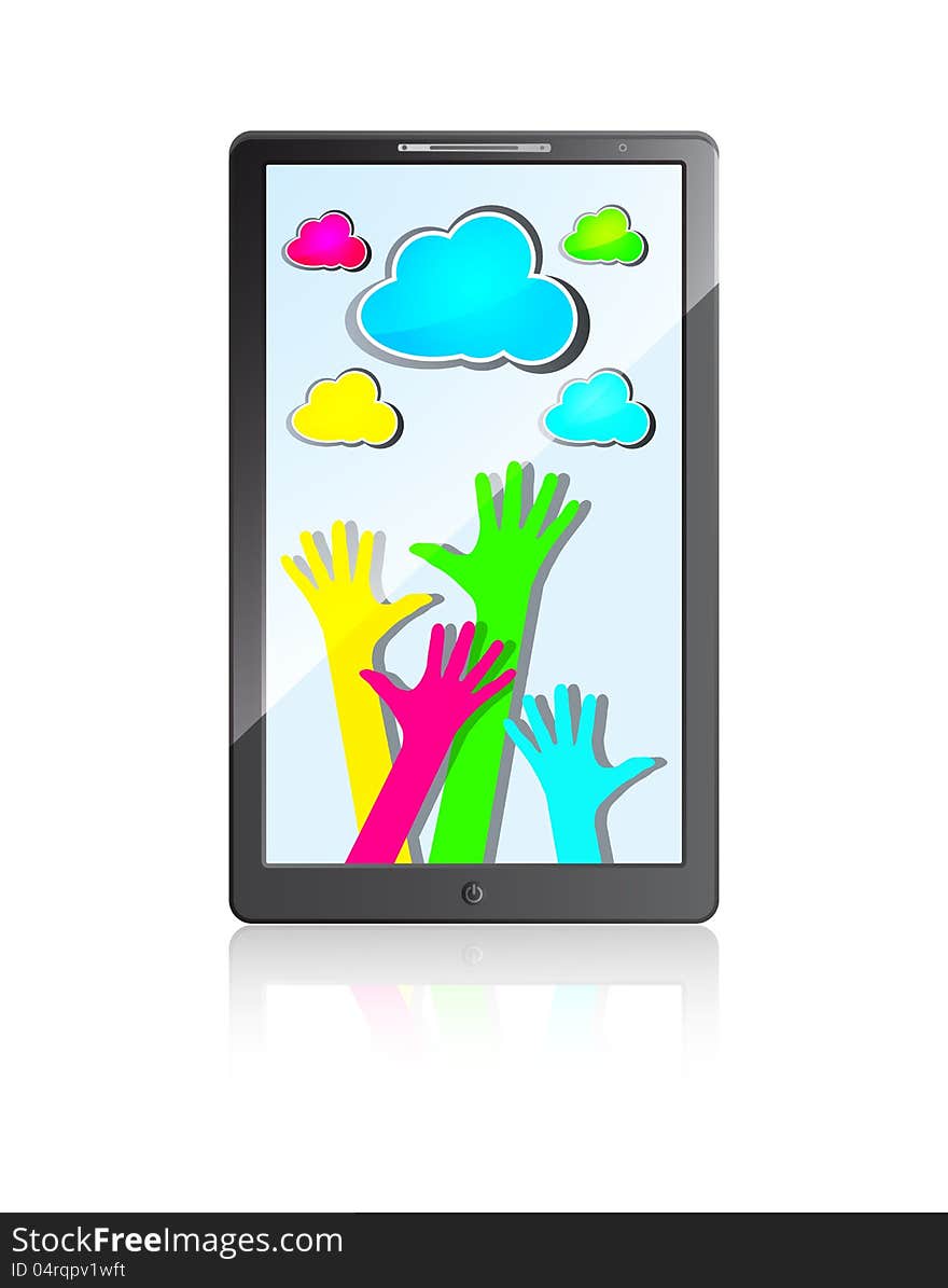 Mobile phone with happy hands and colorful clouds