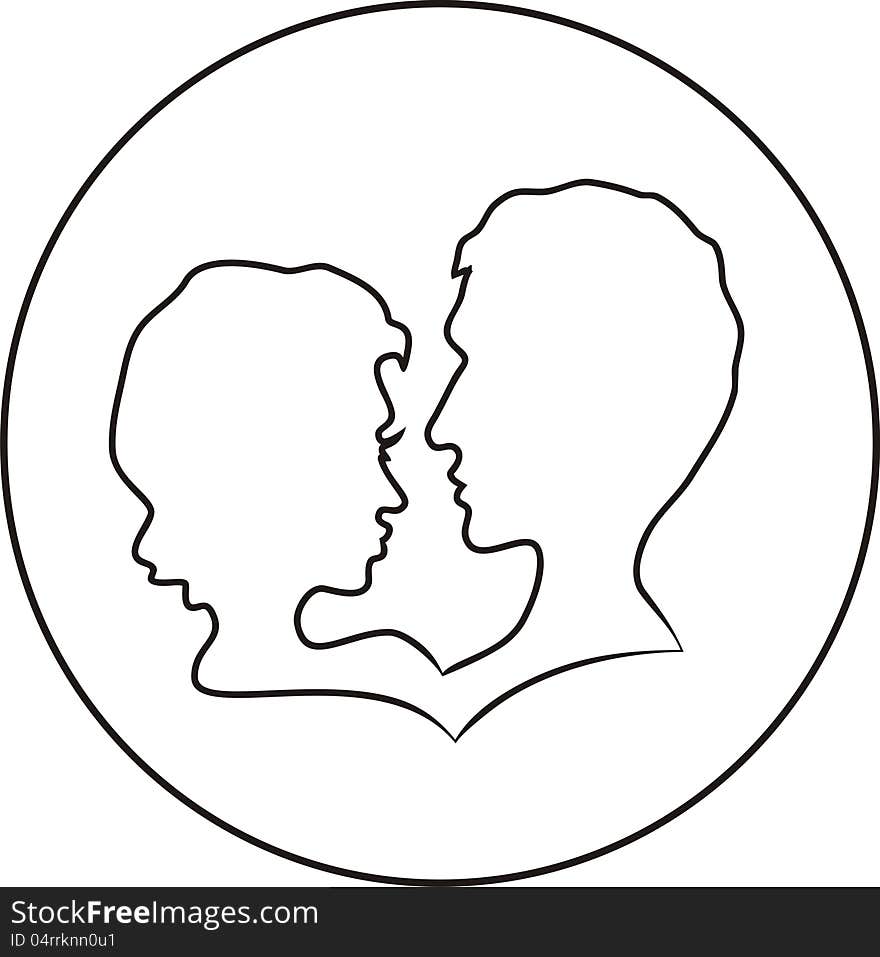 Profile of men and women against each other in the circle. Line drawing. Profile of men and women against each other in the circle. Line drawing.