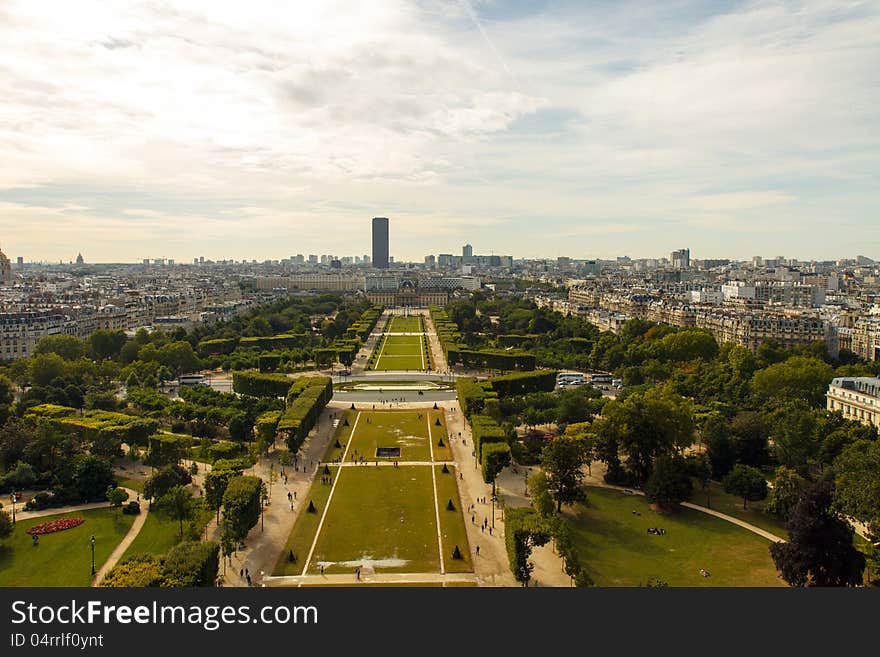 View up the Champ de Mars, Paris France, with Montparnesse Tower in the background. View up the Champ de Mars, Paris France, with Montparnesse Tower in the background