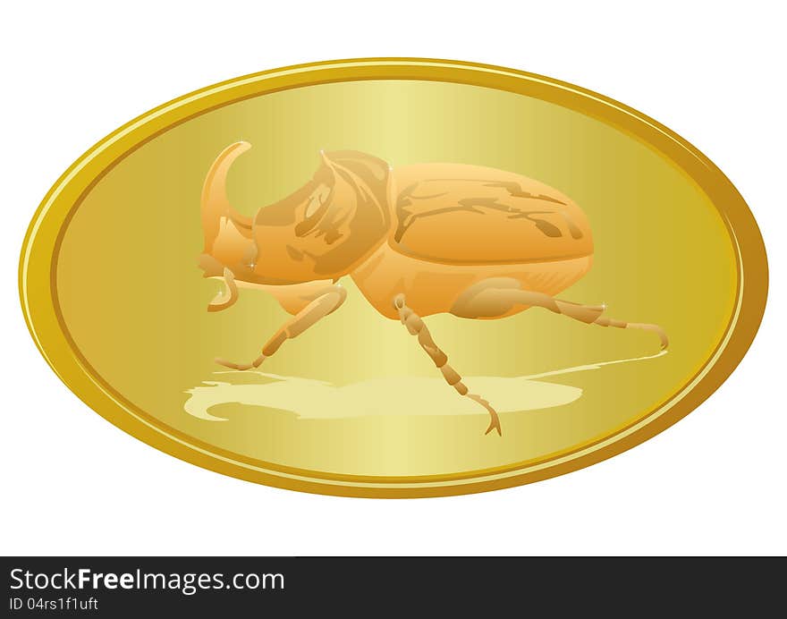 Rhinoceros beetle of gold in a gold frame. Rhinoceros beetle of gold in a gold frame