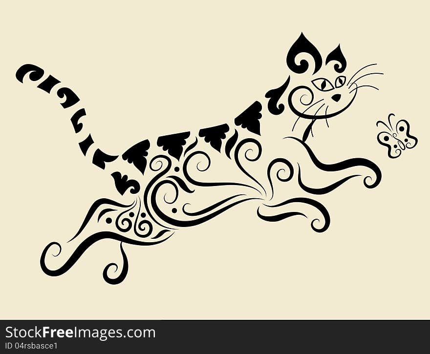 Cat and butterfly with floral ornament decoration. Use for any design you want. Easy to edit color. Cat and butterfly with floral ornament decoration. Use for any design you want. Easy to edit color.