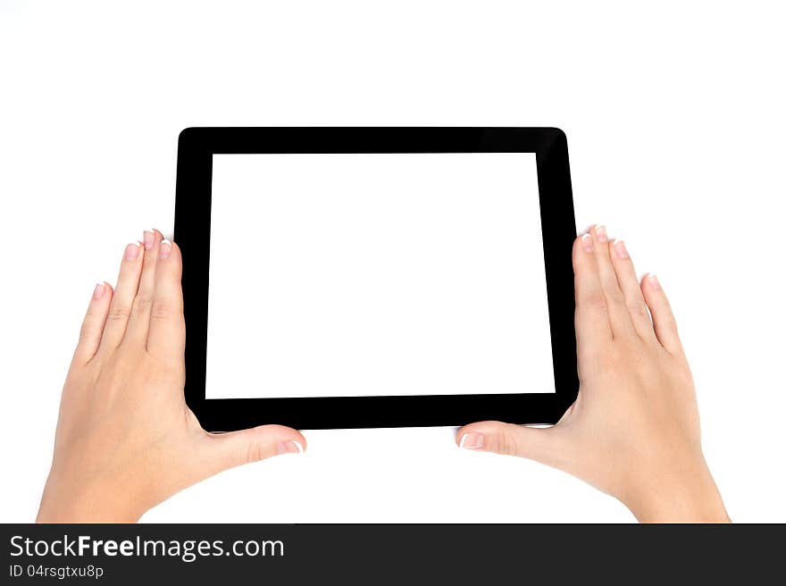 Female hand holding a tablet with isolated screen