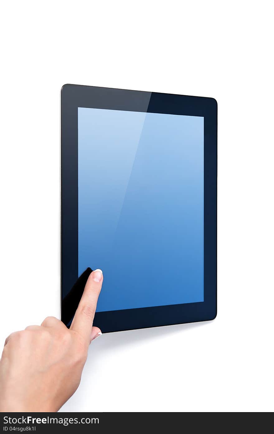 Female hand holding a tablet with blue screen