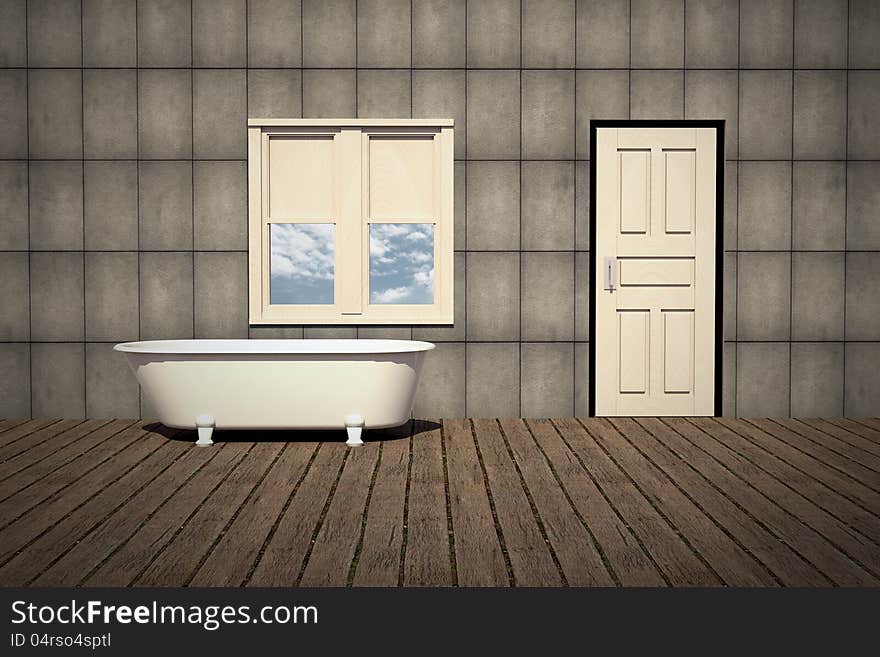 Old style bathtub in a retro bathroom with plank wood floor and concrete wall