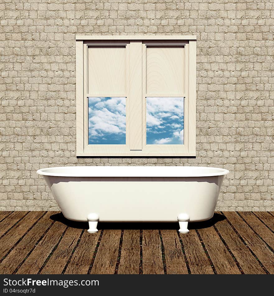 Old style bathtub in a retro bathroom with plank wood floor