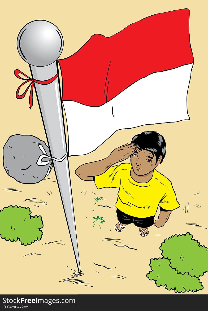 Indonesian man salute country flag. Indonesian man salute country flag