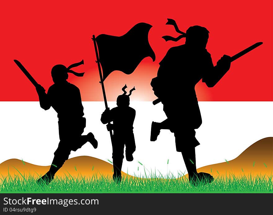 Silhouettes of armed soldiers charging forward. Silhouettes of armed soldiers charging forward