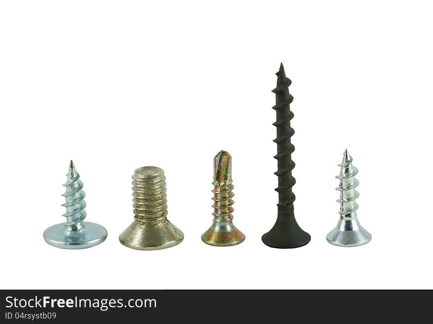 Various screws on a white background