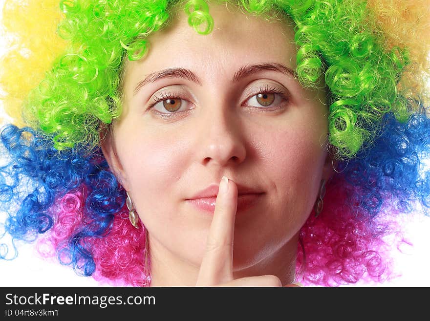 Woman with clown hair isolated