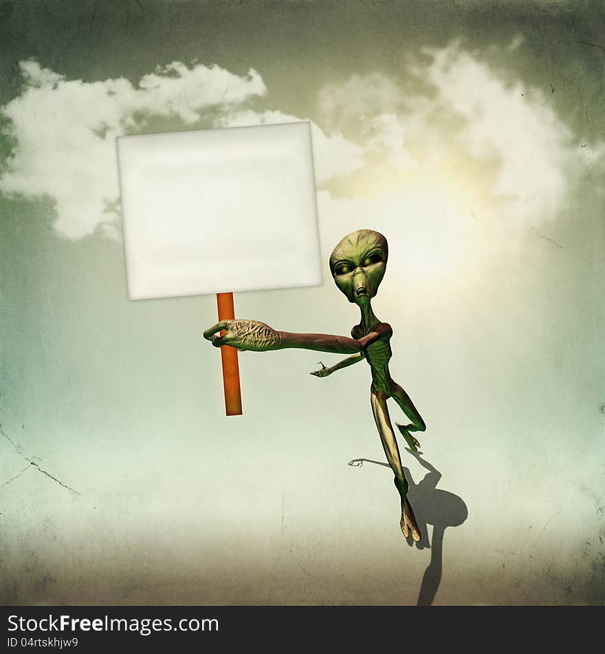 Abstract illustration of alien science fiction creature holding a blank board. Abstract illustration of alien science fiction creature holding a blank board.