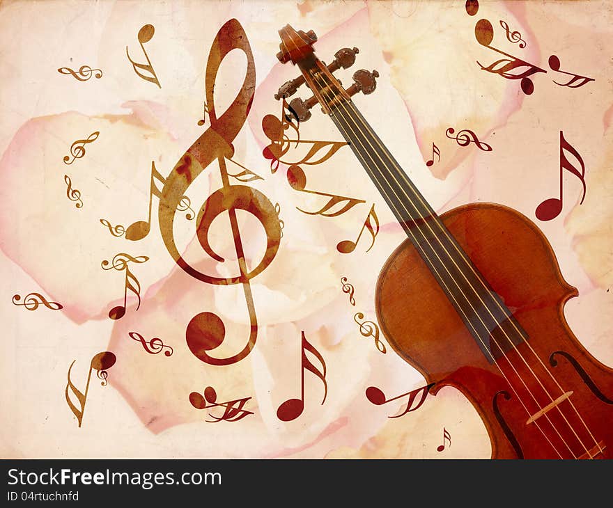 Abstract grunge rose petals, violin and music notes vintage background. Abstract grunge rose petals, violin and music notes vintage background.