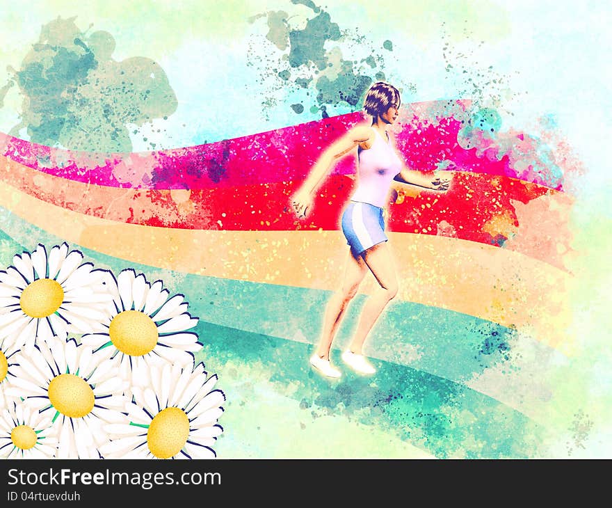 Illustration of woman running on colorful rainbow, summer background. Illustration of woman running on colorful rainbow, summer background.