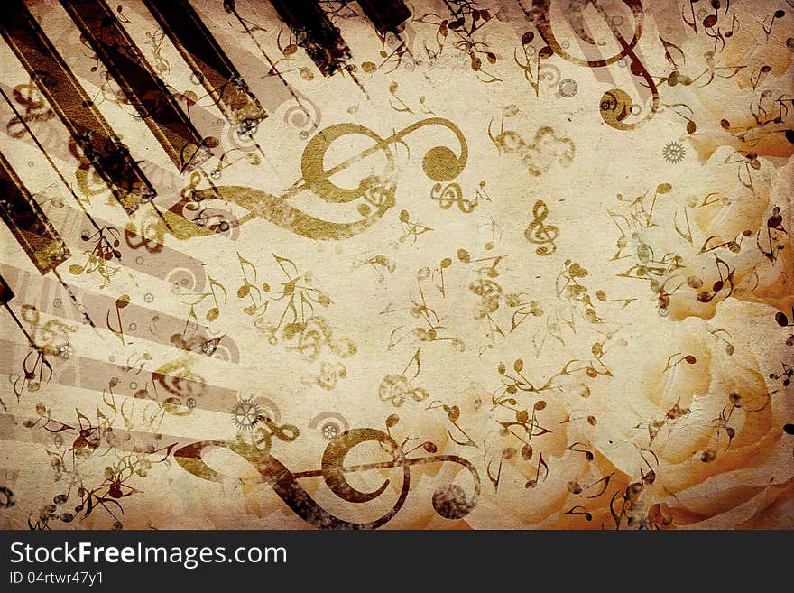 Vintage grunge background with rose and music notes. Vintage grunge background with rose and music notes.