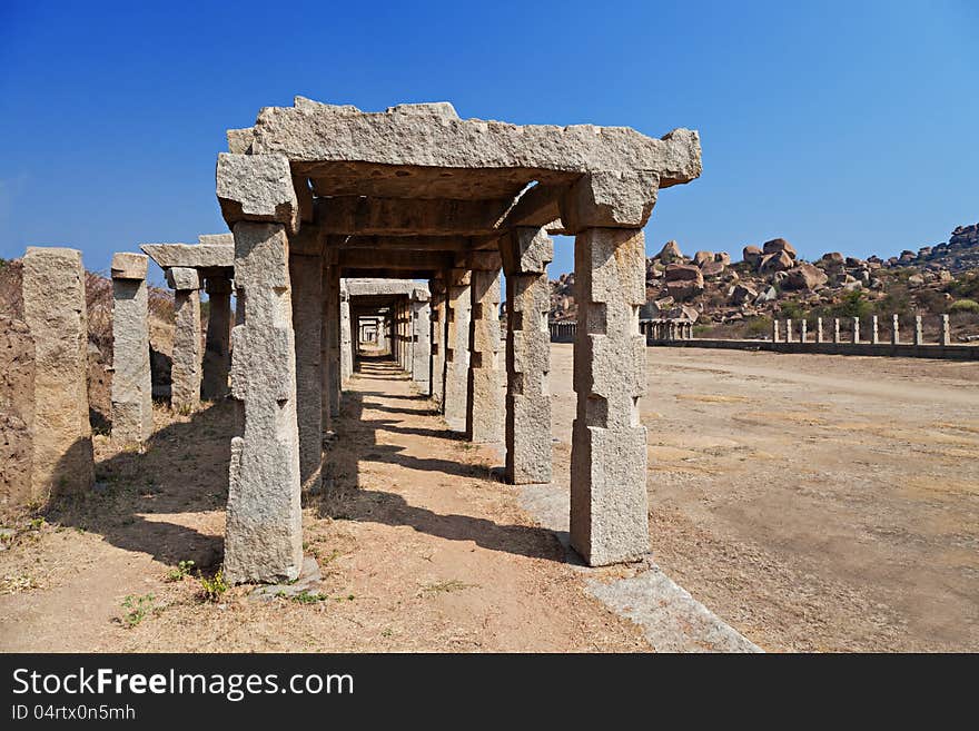 Pillars of the ruined temple, Hampi, India. Pillars of the ruined temple, Hampi, India