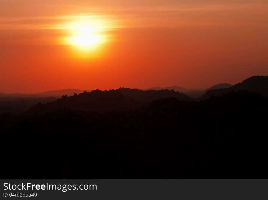 Sunset in mountains, Hampi, Karnataka state, India