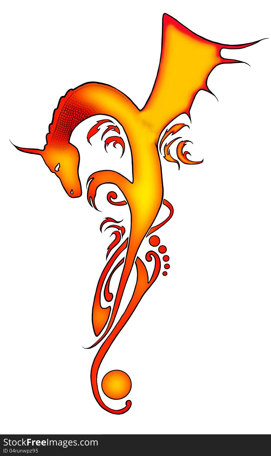 Abstract dragon tribal tattoo figure with fire colors. Isolated on white.