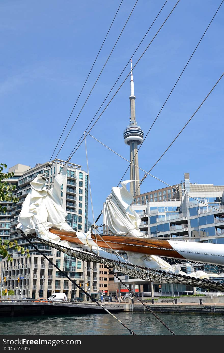 View of the CN tower through the bowsprit of a Tall ship, Toronto Ontario Canada. View of the CN tower through the bowsprit of a Tall ship, Toronto Ontario Canada