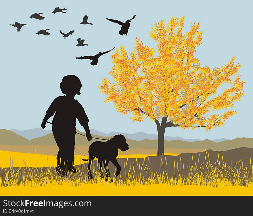 vector llustration puppy and boy in autumn nature