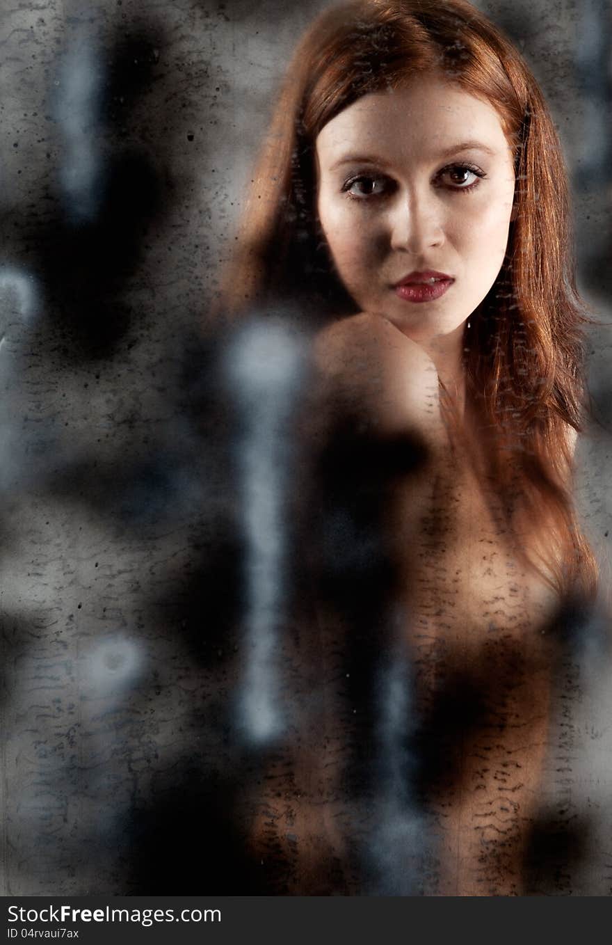 Nude Woman Behind Spray Painted Glass