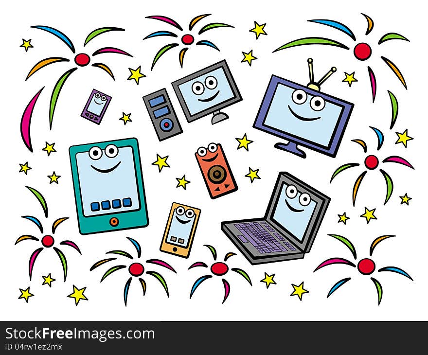 Illustration of a group of diffent electronic equipments with fireworks background. Illustration of a group of diffent electronic equipments with fireworks background