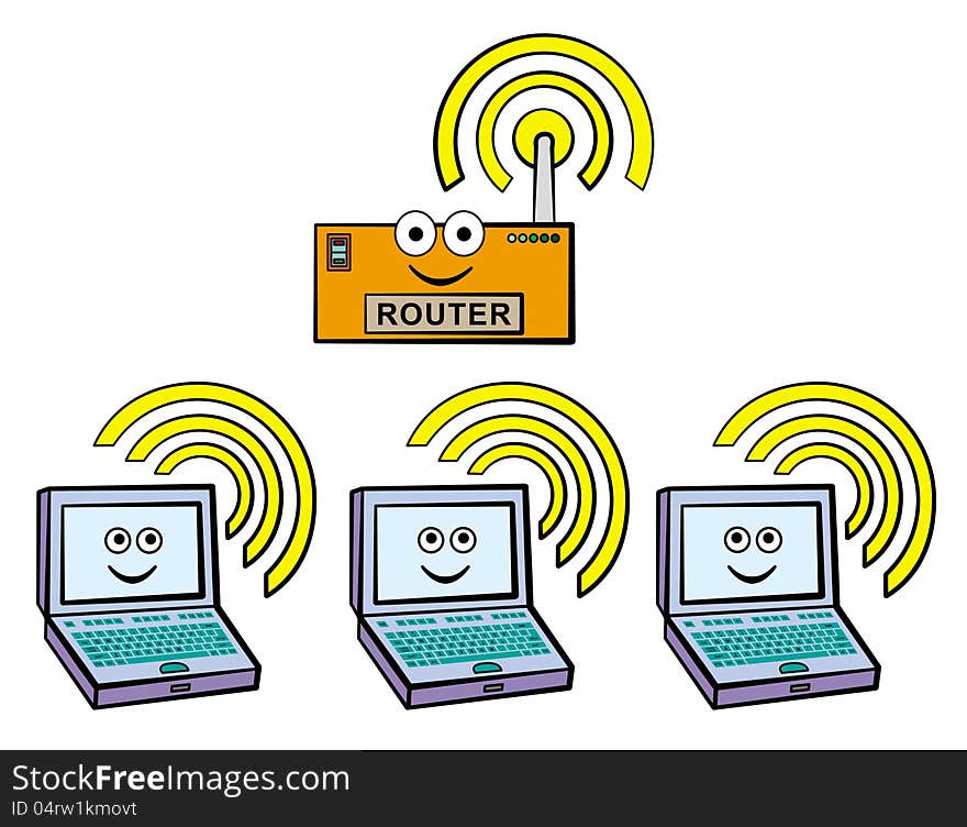 A wireless network router is transmitting signal and being received by three computers. A wireless network router is transmitting signal and being received by three computers