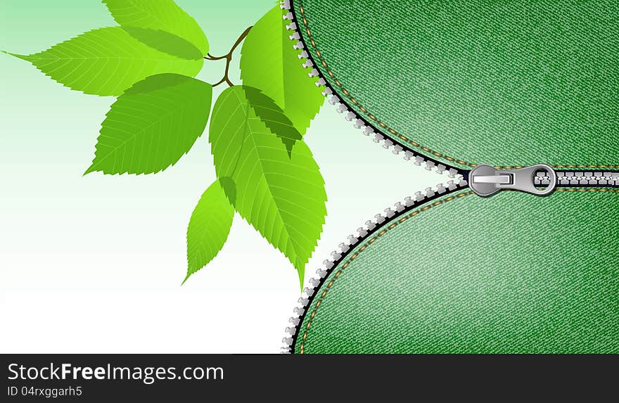 Eco background with green leaves and opening zipper.