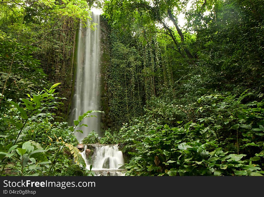 Big waterfall in a green, lush and verdant forest in Singapore. Big waterfall in a green, lush and verdant forest in Singapore.